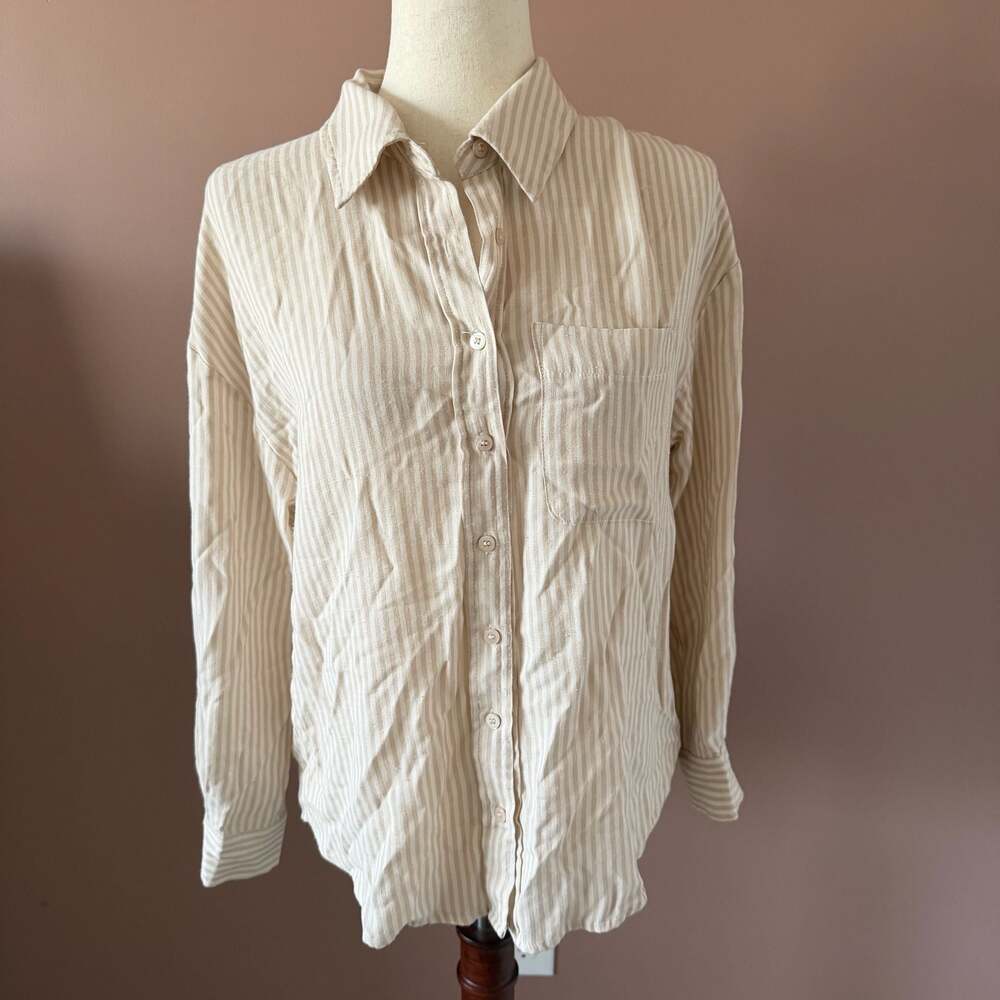 Blu Pepper Beige and White Striped Button Down Pocket Shirt